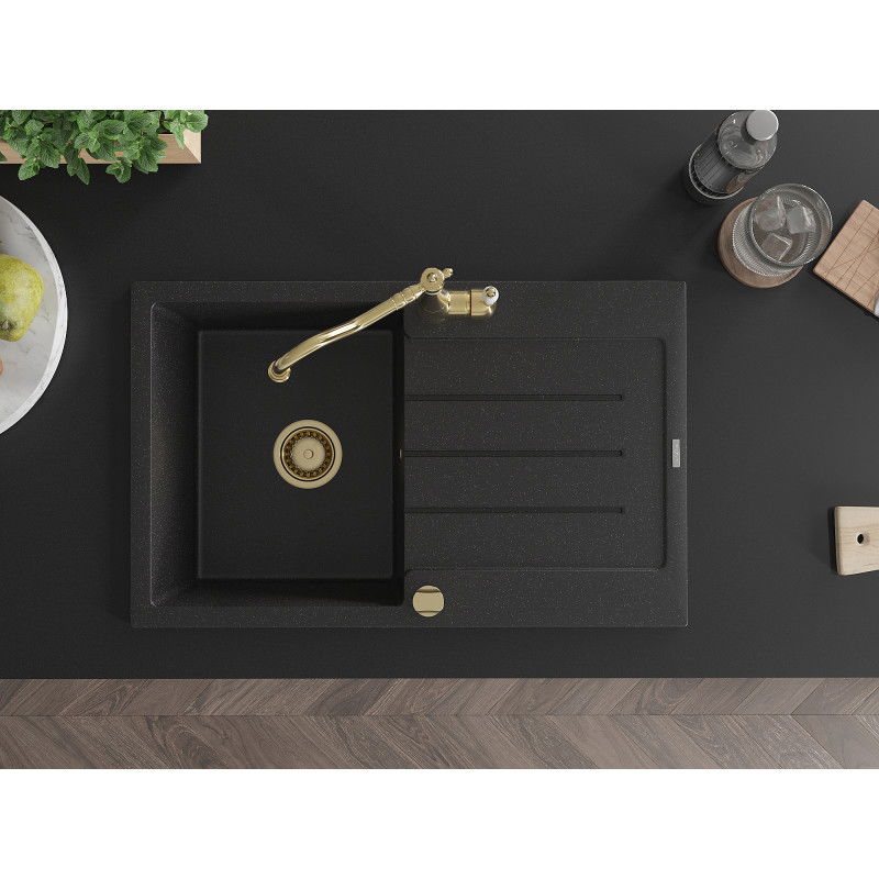 Mexen Bruno žulový dřez s jednou komorou s odkapávačem a kuchyňskou baterií Carla, černý/stříbrný metalíza - 6513-73-670700-50