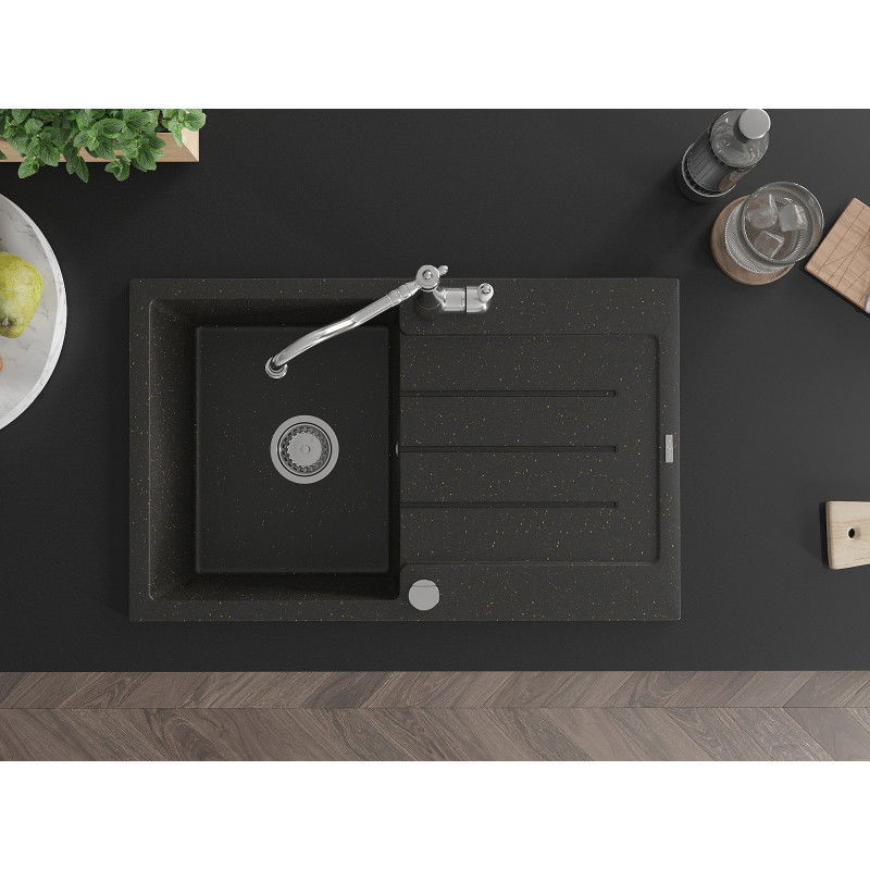 Mexen Bruno granitový dřez s odkapávačem a kuchyňskou baterií Carla, černý/zlatý metalický - 6513-75-670700-00