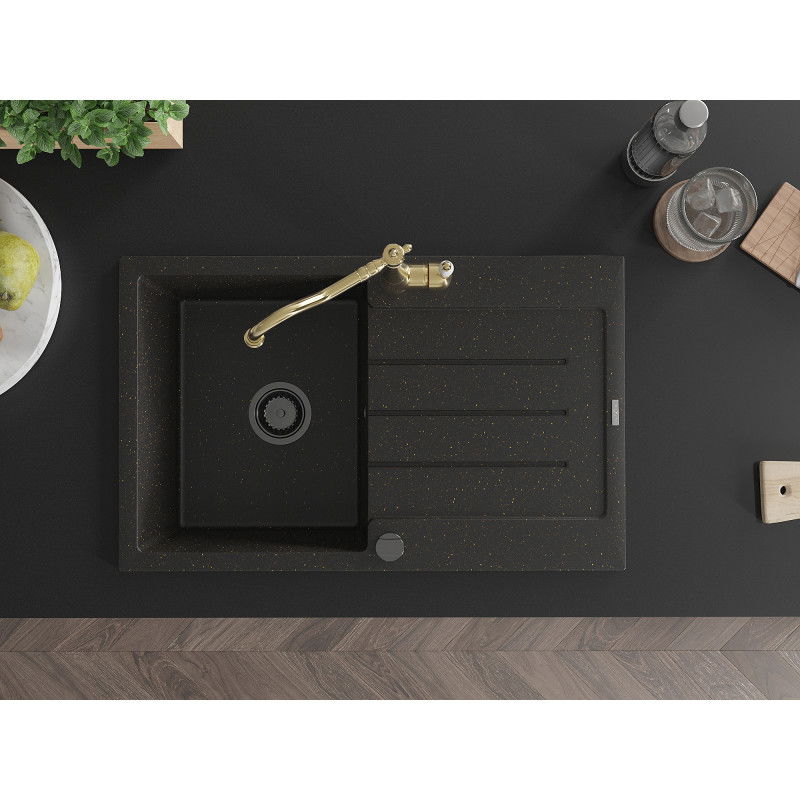 Mexen Bruno granitový dřez s 1 komorou a odkapávačem a kuchyňskou baterií Carla, černý/zlatý metalik - 6513-75-670700-50-B