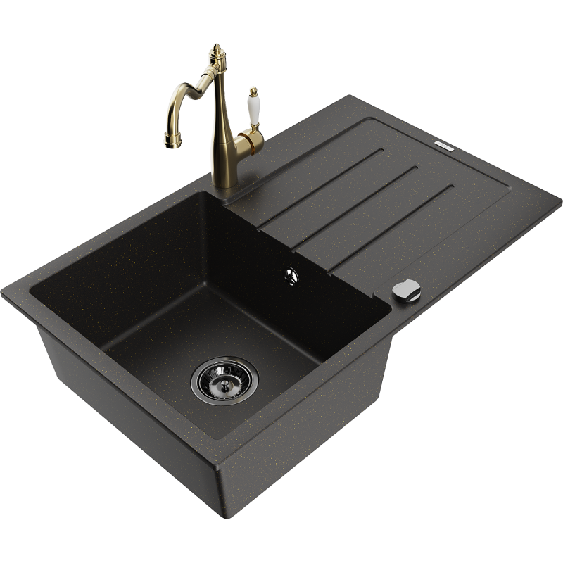Mexen Bruno granitový dřez s 1 komorou a odkapávačem a kuchyňskou baterií Carla, černý/zlatý metalik - 6513-75-670700-50-B