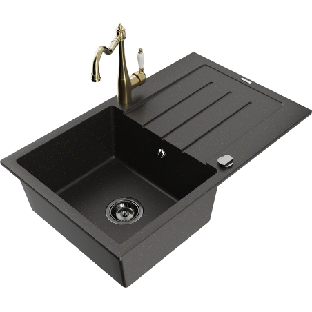 Mexen Bruno granitový dřez s 1 komorou a odkapávačem a kuchyňskou baterií Carla, černý/zlatý metalik - 6513-75-670700-50-B