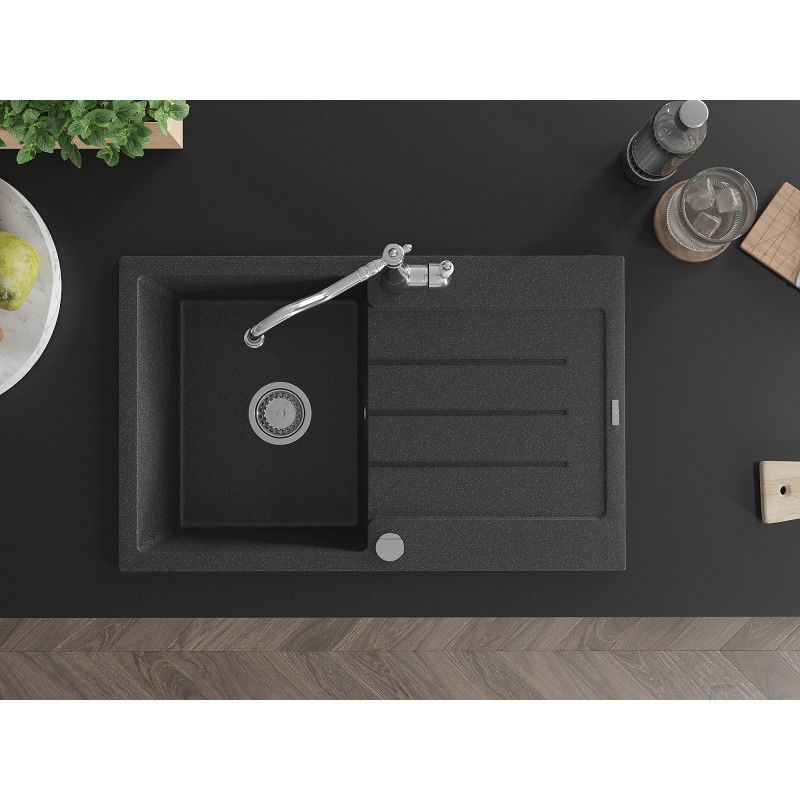 Mexen Bruno granitový dřez 1-komorový s odkapávačem a kuchyňskou baterií Carla, černý nakrapovaný - 6513-76-670700-00