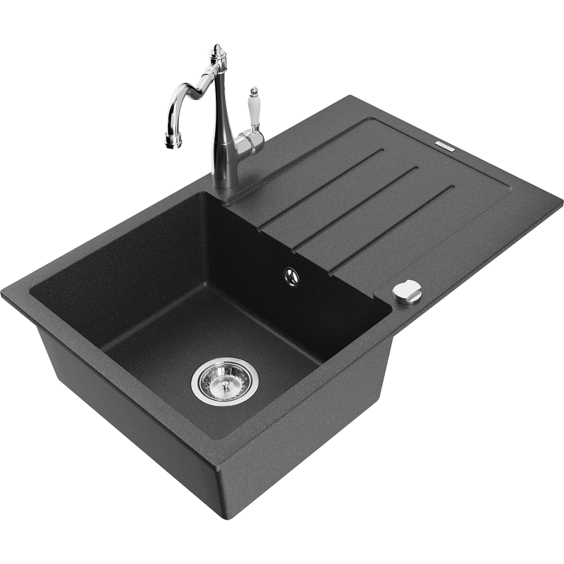 Mexen Bruno granitový dřez 1-komorový s odkapávačem a kuchyňskou baterií Carla, černý nakrapovaný - 6513-76-670700-00
