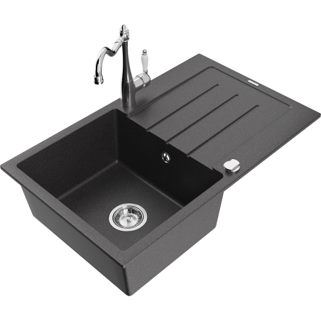 Mexen Bruno granitový dřez 1-komorový s odkapávačem a kuchyňskou baterií Carla, černý nakrapovaný - 6513-76-670700-00