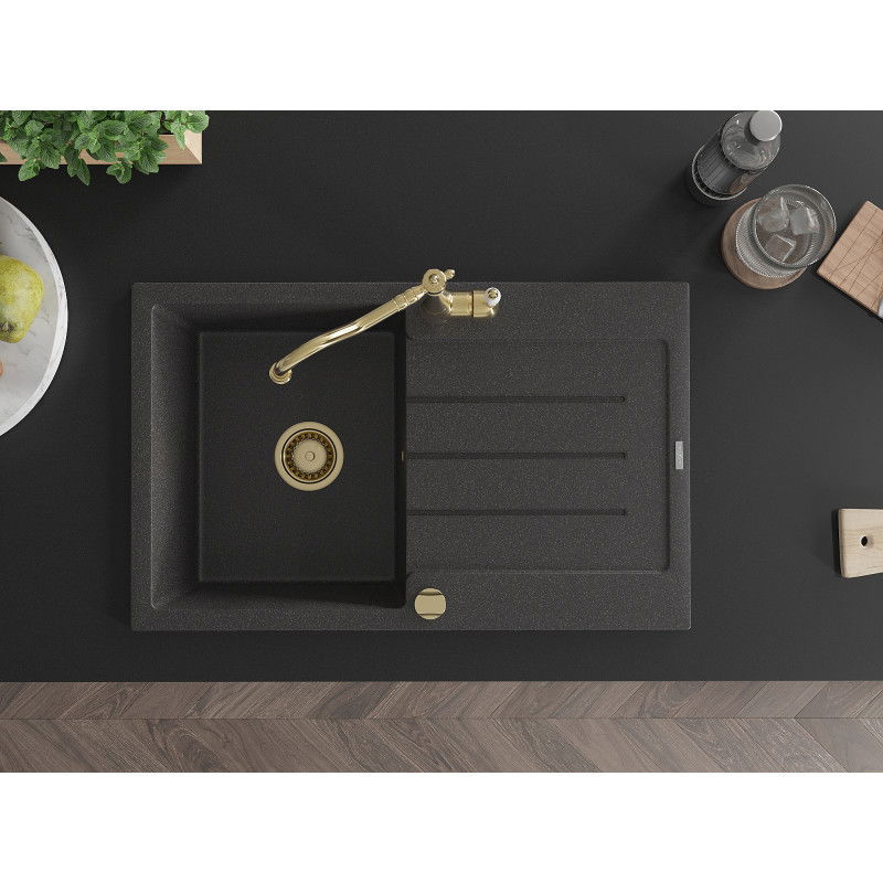 Mexen Bruno granitový dřez 1-komorový s odkapávačem a kuchyňská baterie Carla, černý skvrnitý - 6513-76-670700-50