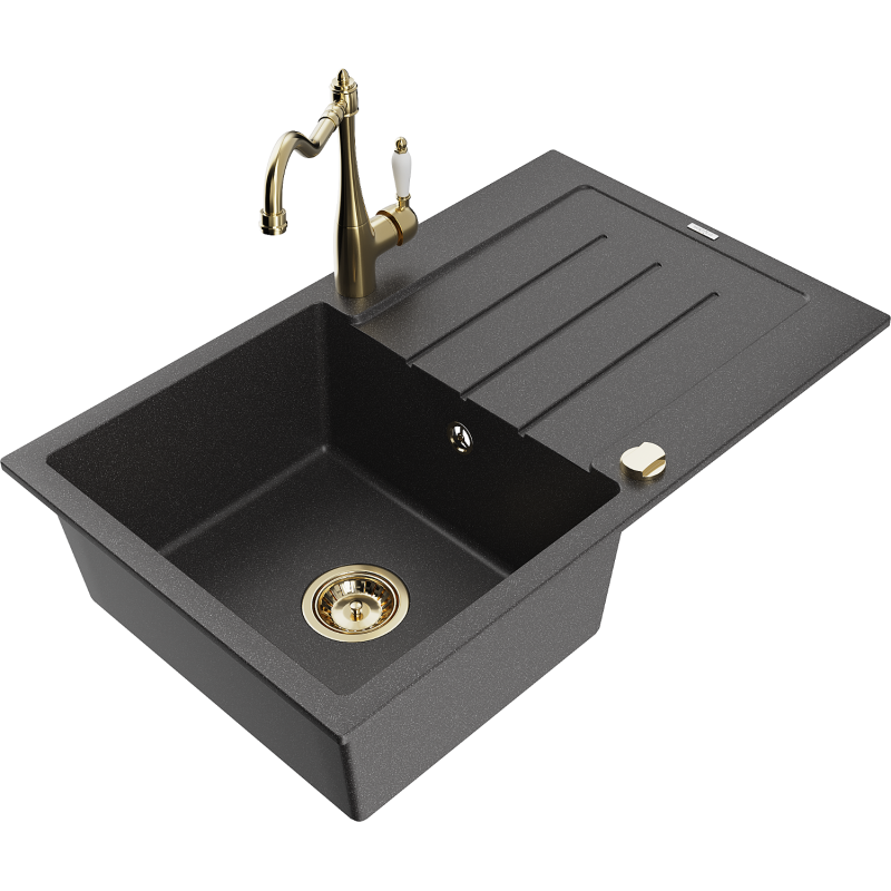 Mexen Bruno granitový dřez 1-komorový s odkapávačem a kuchyňská baterie Carla, černý skvrnitý - 6513-76-670700-50