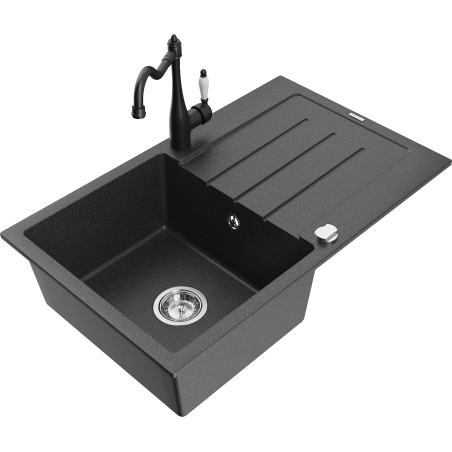 Mexen Bruno granitový dřez s 1 komorou a odkapávačem a kuchyňskou baterií Carla, černý tečkovaný - 6513-76-670700-70