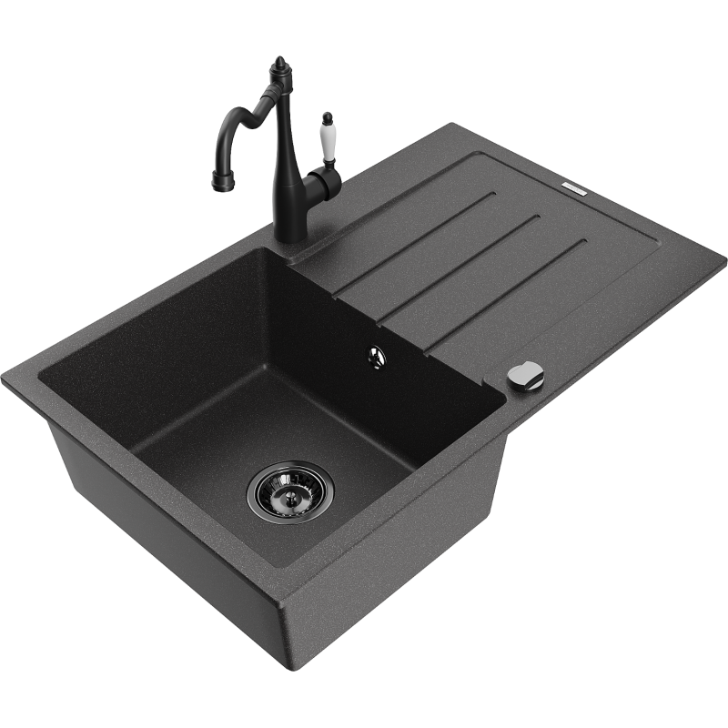 Mexen Bruno granitový dřez 1-komorový s odkapávačem a kuchyňskou baterií Carla, černý skvrnitý - 6513-76-670700-70-B