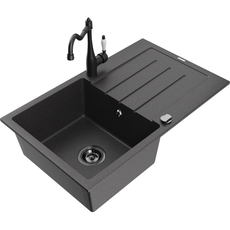Mexen Bruno granitový dřez 1-komorový s odkapávačem a kuchyňskou baterií Carla, černý skvrnitý - 6513-76-670700-70-B