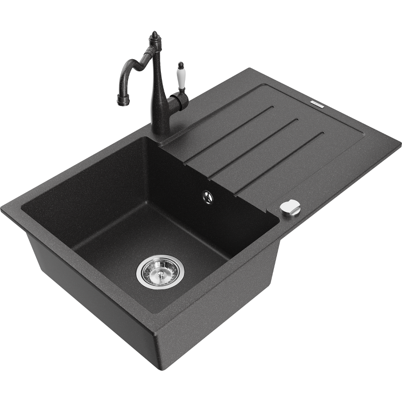 Mexen Bruno granitový dřez s 1 komorou, odkapávačem a kuchyňskou baterií Carla, černý kropenatý - 6513-76-670700-76