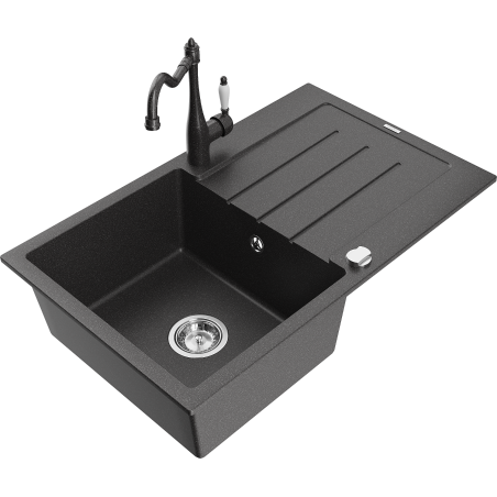 Mexen Bruno granitový dřez s 1 komorou, odkapávačem a kuchyňskou baterií Carla, černý kropenatý - 6513-76-670700-76