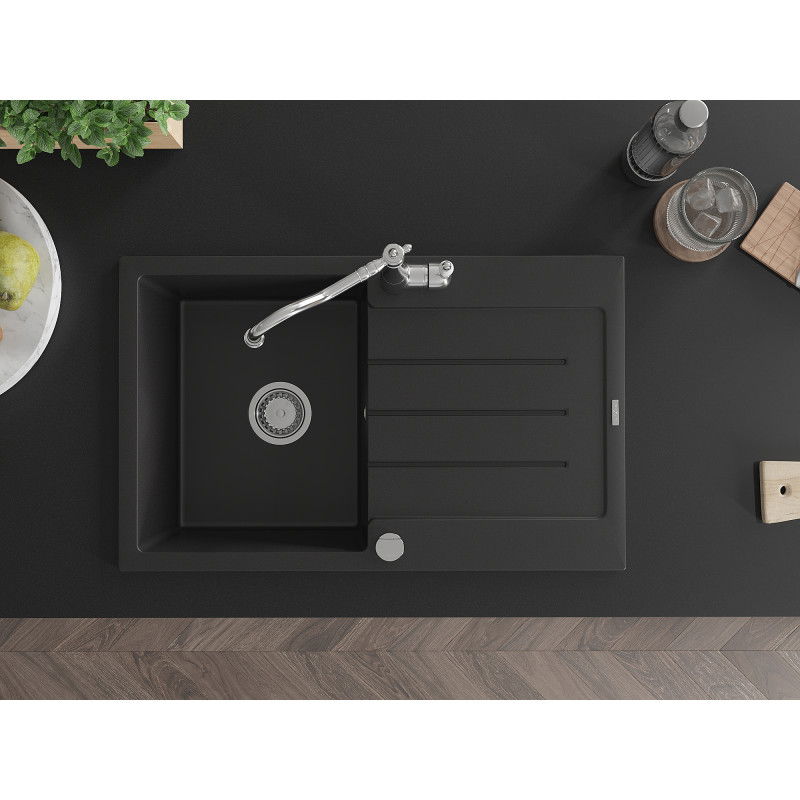 Mexen Bruno granitový dřez 1-komorový s odkapávačem a kuchyňskou baterií Carla, černý - 6513-77-670700-00