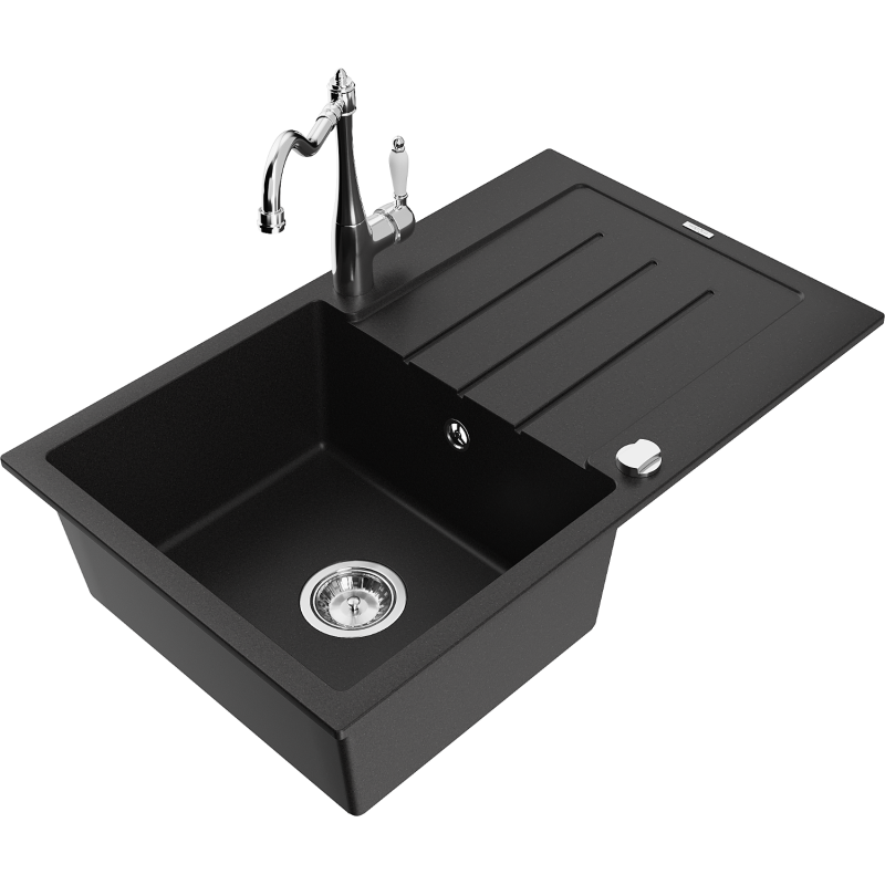 Mexen Bruno granitový dřez 1-komorový s odkapávačem a kuchyňskou baterií Carla, černý - 6513-77-670700-00