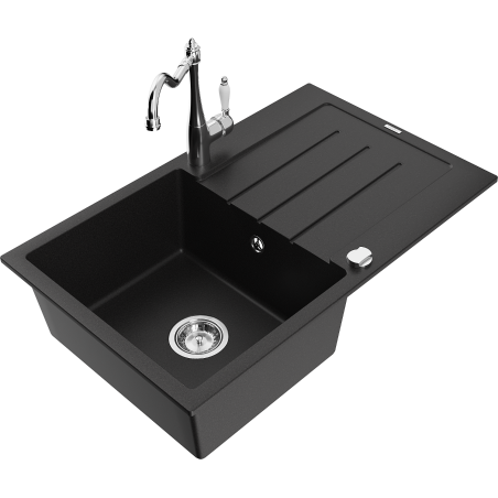 Mexen Bruno granitový dřez 1-komorový s odkapávačem a kuchyňskou baterií Carla, černý - 6513-77-670700-00