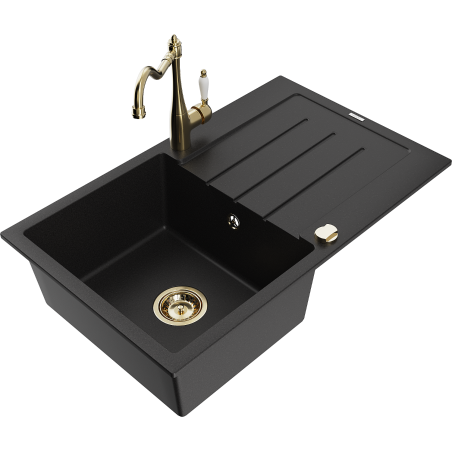 Mexen Bruno granitový dřez 1-komorový s odkapávačem a kuchyňskou baterií Carla, černý - 6513-77-670700-50