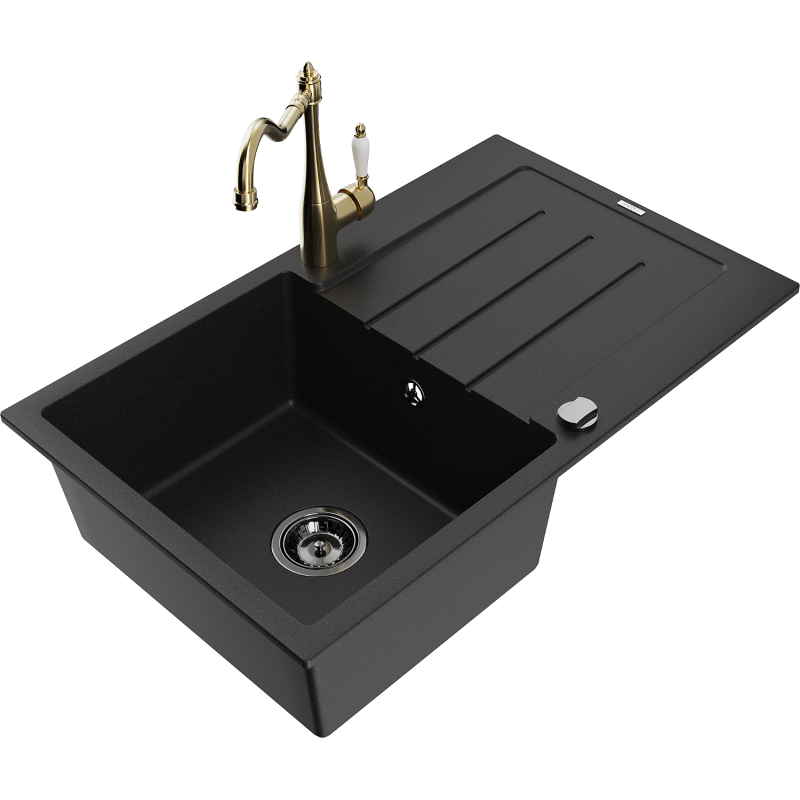 Mexen Bruno granitový dřez s jednou komorou a odkapávačem a kuchyňskou baterií Carla, černý - 6513-77-670700-50-B