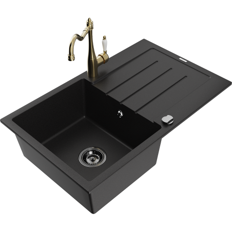 Mexen Bruno granitový dřez s jednou komorou a odkapávačem a kuchyňskou baterií Carla, černý - 6513-77-670700-50-B