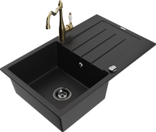 Mexen Bruno granitový dřez s jednou komorou a odkapávačem a kuchyňskou baterií Carla, černý - 6513-77-670700-50-B