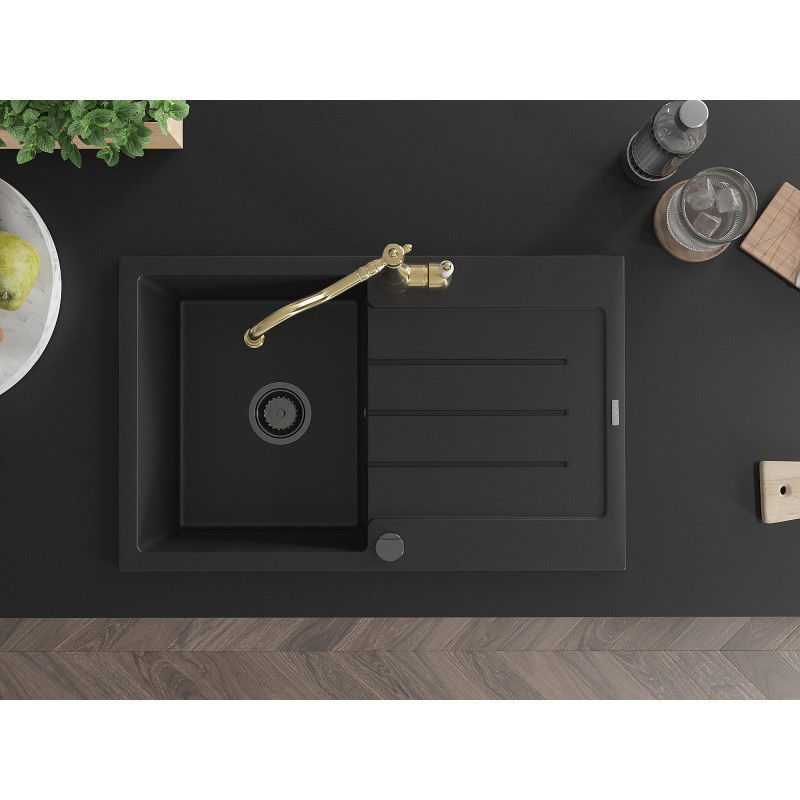 Mexen Bruno granitový dřez s jednou komorou a odkapávačem a kuchyňskou baterií Carla, černý - 6513-77-670700-50-B