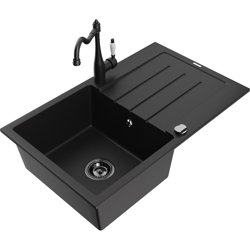 Mexen Bruno granitový dřez 1-komorový s odkapávačem a kuchyňskou baterií Carla, černý - 6513-77-670700-70-B