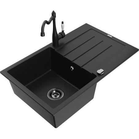 Mexen Bruno granitový dřez 1-komorový s odkapávačem a kuchyňskou baterií Carla, černý - 6513-77-670700-70-B