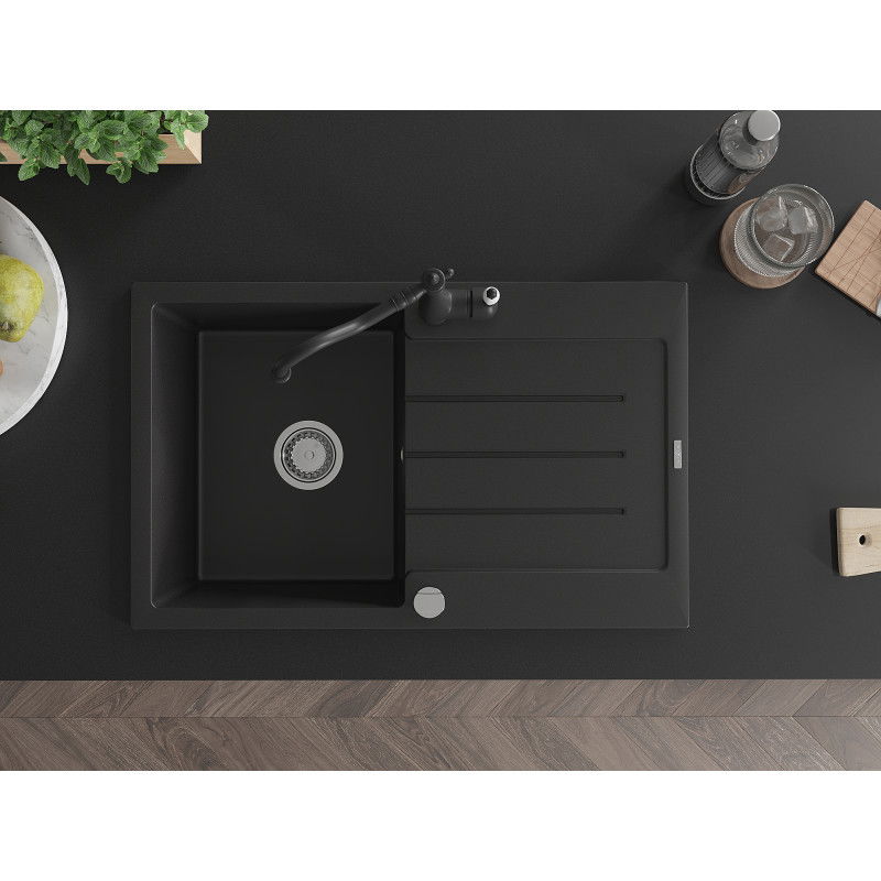 Mexen Bruno jednodřezový žulový dřez s odkapávačem a kuchyňskou baterií Carla, černý - 6513-77-670700-70