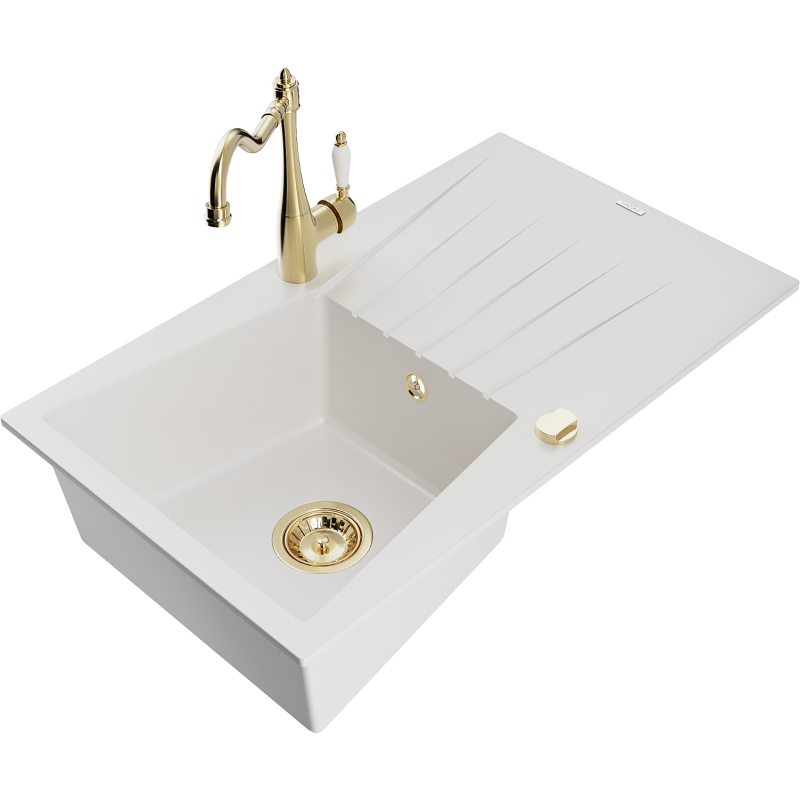 Mexen Cesar granitový dřez 1-komorový s odkapávačem a kuchyňskou baterií Carla, bílý - 6514-20-670700-50