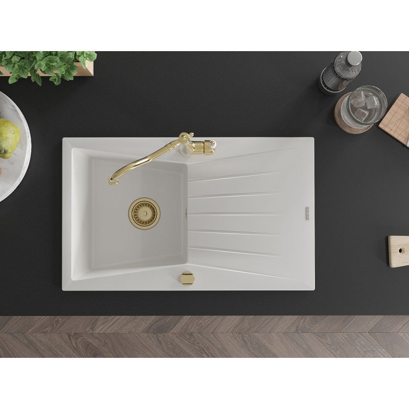 Mexen Cesar granitový dřez 1-komorový s odkapávačem a kuchyňskou baterií Carla, bílý - 6514-20-670700-50