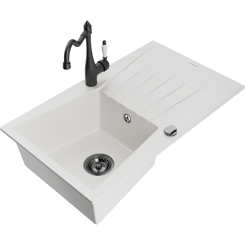 Mexen Cesar granitový dřez 1-komorový s odkapávačem a kuchyňskou baterií Carla, bílý - 6514-20-670700-70