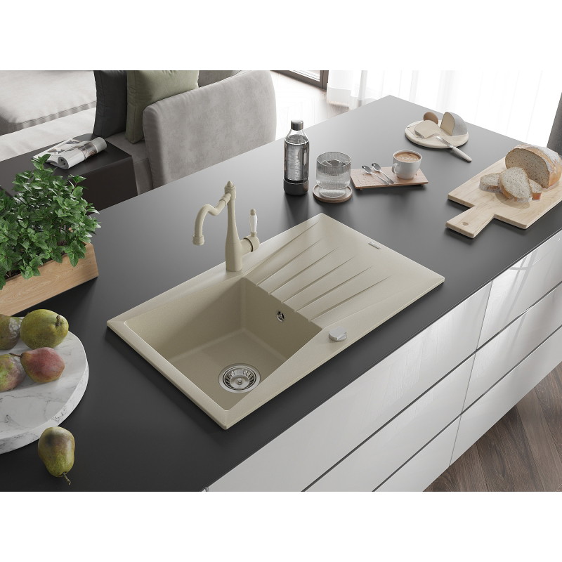 Mexen Cesar granitový dřez s odkapávačem a kuchyňskou baterií Carla, béžový - 6514-69-670700-69