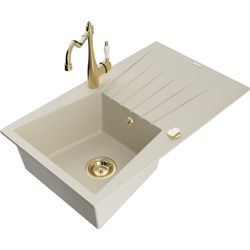 Mexen Cesar granitový dřez s 1 komorou, odkapávačem a kuchyňskou baterií Carla, béžový - 6514-69-670700-50