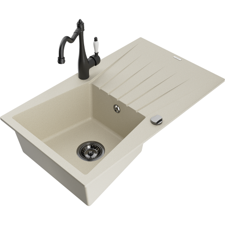 Mexen Cesar jednokomorový granitový dřez s odkapávačem a kuchyňskou baterií Carla, béžový - 6514-69-670700-70