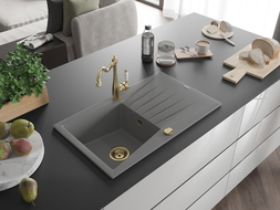Mexen Cesar žulový dřez jednokomorový s odkapávačem a kuchyňskou baterií Carla, šedý - 6514-71-670700-50