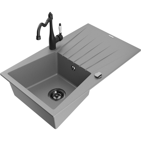Mexen Cesar žulový dřez s 1 komorou a odkapávačem a kuchyňskou baterií Carla, šedý - 6514-71-670700-70-B