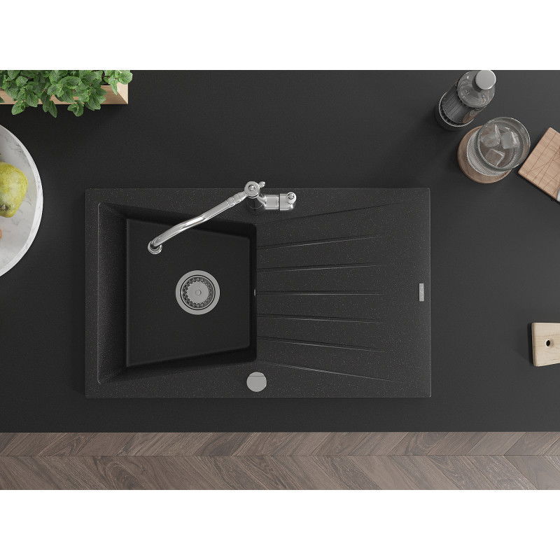 Mexen Cesar granitový dřez jednodřez s odkapávací plochou a kuchyňská baterie Carla, černý/stříbrný metalik - 6514-73-670700-00