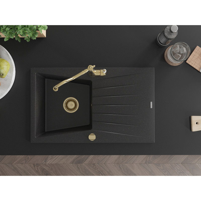 Mexen Cesar granitový dřez 1-komorový s odkapávačem a kuchyňskou baterií Carla, černý/stříbrný metalik - 6514-73-670700-50