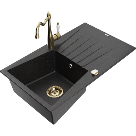Mexen Cesar granitový dřez 1-komorový s odkapávačem a kuchyňskou baterií Carla, černý/stříbrný metalik - 6514-73-670700-50
