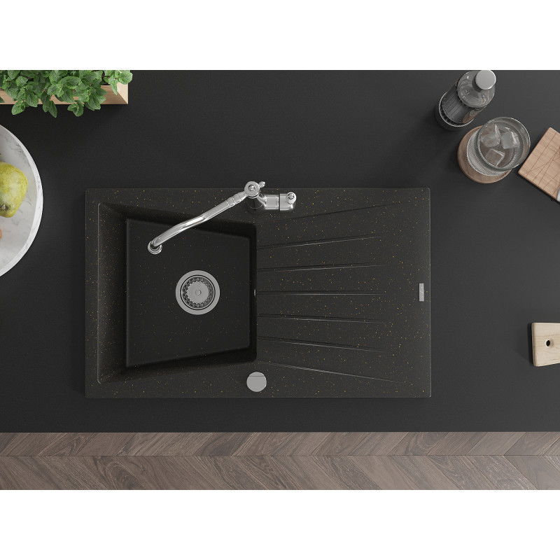 Mexen Cesar granitový dřez s odkapávačem a kuchyňskou baterií Carla, černý/zlatý metalický - 6514-75-670700-00