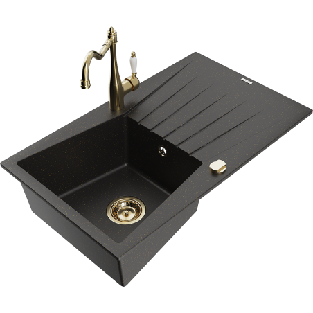 Mexen Cesar žulový dřez s 1 komorou a odkapávačem a kuchyňskou baterií Carla, černý/zlatý metalik - 6514-75-670700-50