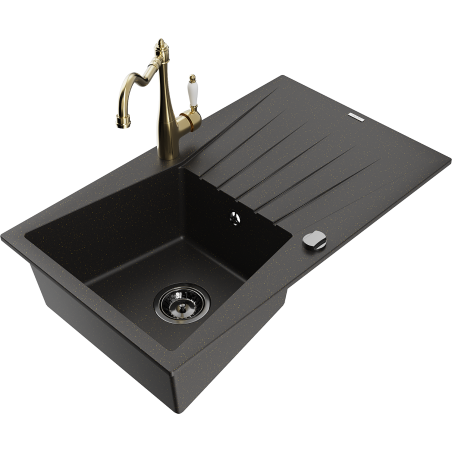 Mexen Cesar granitový dřez s jednou komorou a odkapávačem a kuchyňskou baterií Carla, černý/zlatý metalik - 6514-75-670700-50-B