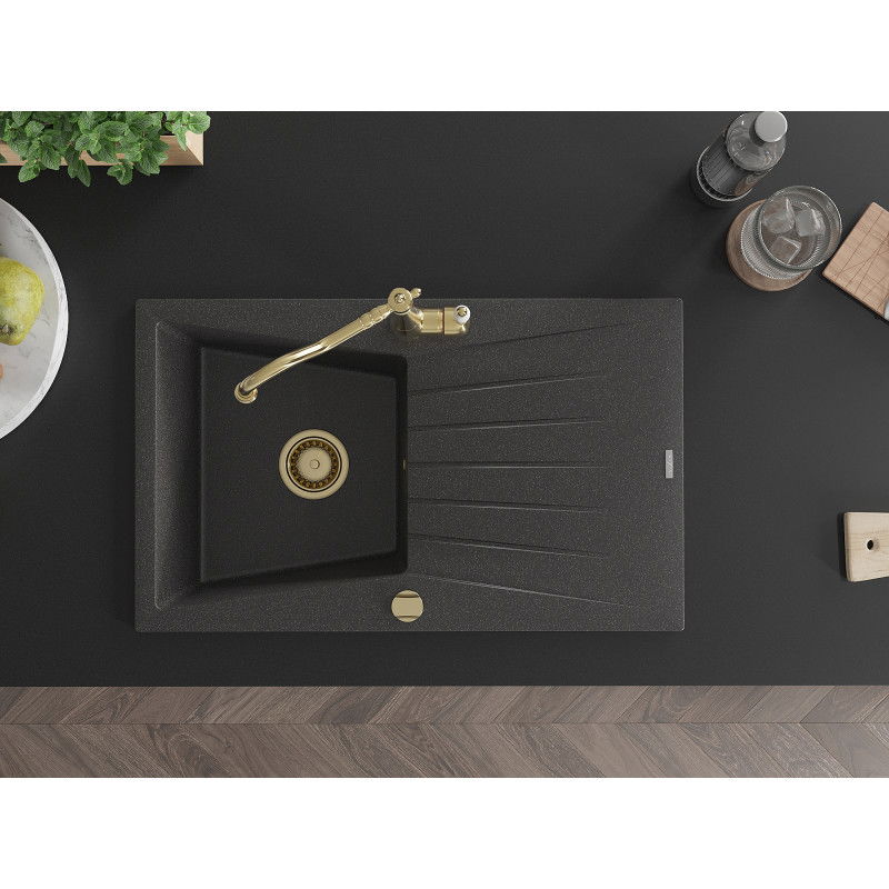 Mexen Cesar granitový dřez 1-komorový s odkapávačem a kuchyňskou baterií Carla, černý tečkovaný - 6514-76-670700-50