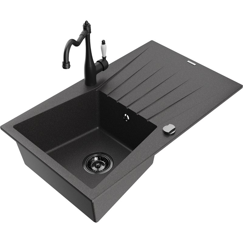 Mexen Cesar granitový dřez 1-komorový s odkapávačem a kuchyňskou baterií Carla, černý tečkovaný - 6514-76-670700-70-B