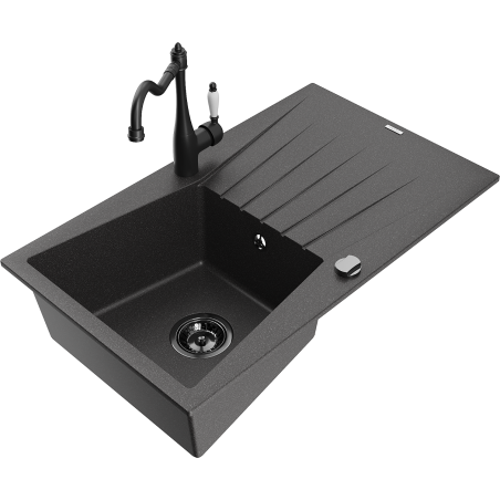 Mexen Cesar granitový dřez 1-komorový s odkapávačem a kuchyňskou baterií Carla, černý tečkovaný - 6514-76-670700-70-B
