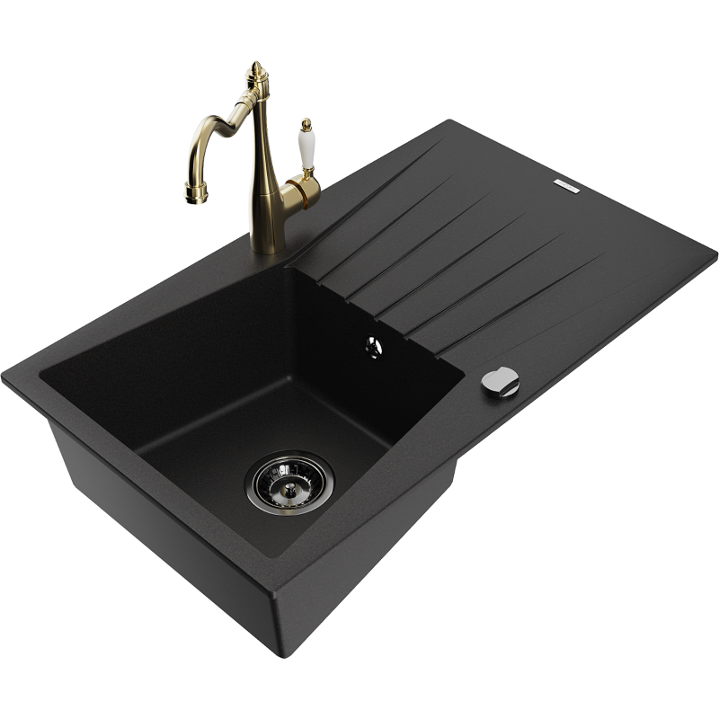 Mexen Cesar granitový dřez 1-komorový s odkapávačem a kuchyňskou baterií Carla, černý - 6514-77-670700-50-B