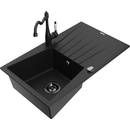 Mexen Cesar granitový dřez 1-komorový s odkapávačem a kuchyňskou baterií Carla, černý - 6514-77-670700-70-B