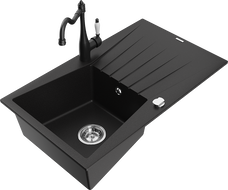 Mexen Cesar granitový dřez s 1 komorou, odkapávačem a kuchyňskou baterií Carla, černý - 6514-77-670700-70