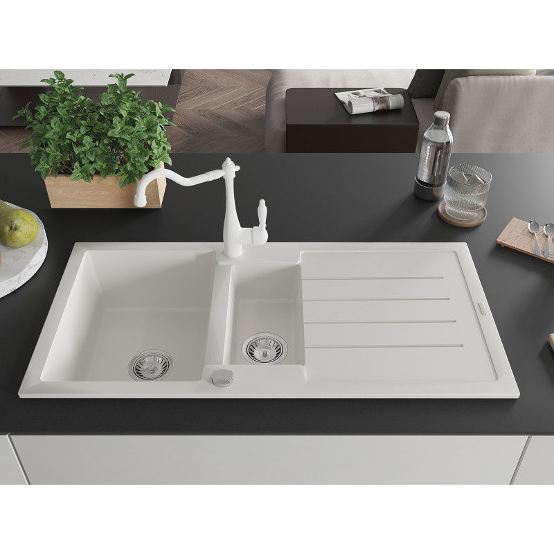 Mexen Andres granulitový dřez 1,5-komorový s odkapávačem a kuchyňskou baterií Carla, bílý - 6515-20-670700-20