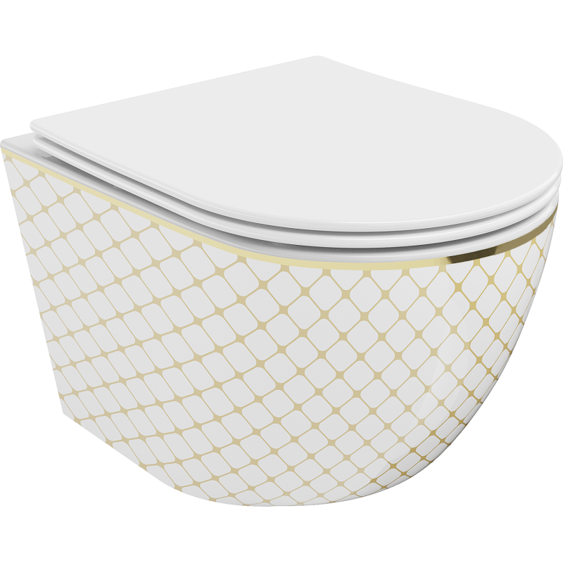 Mexen Lena WC mísa Rimless s pomalu sklápěcí deskou slim, duroplast, bílá/zlatá vzor mřížka - 30224009