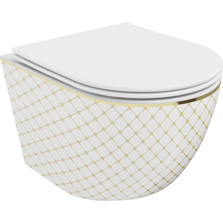 Mexen Lena WC mísa Rimless s pomalu sklápěcí deskou slim, duroplast, bílá/zlatá vzor mřížka - 30224009