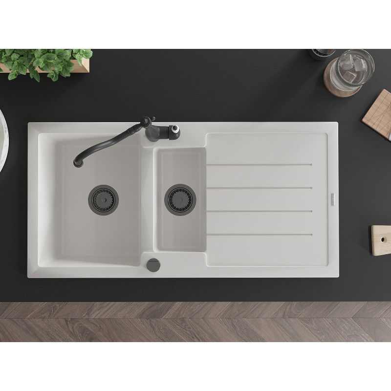 Mexen Andres granitový dřez 1,5-komorový s odkapávačem a kuchyňskou baterií Carla, bílý - 6515-20-670700-70